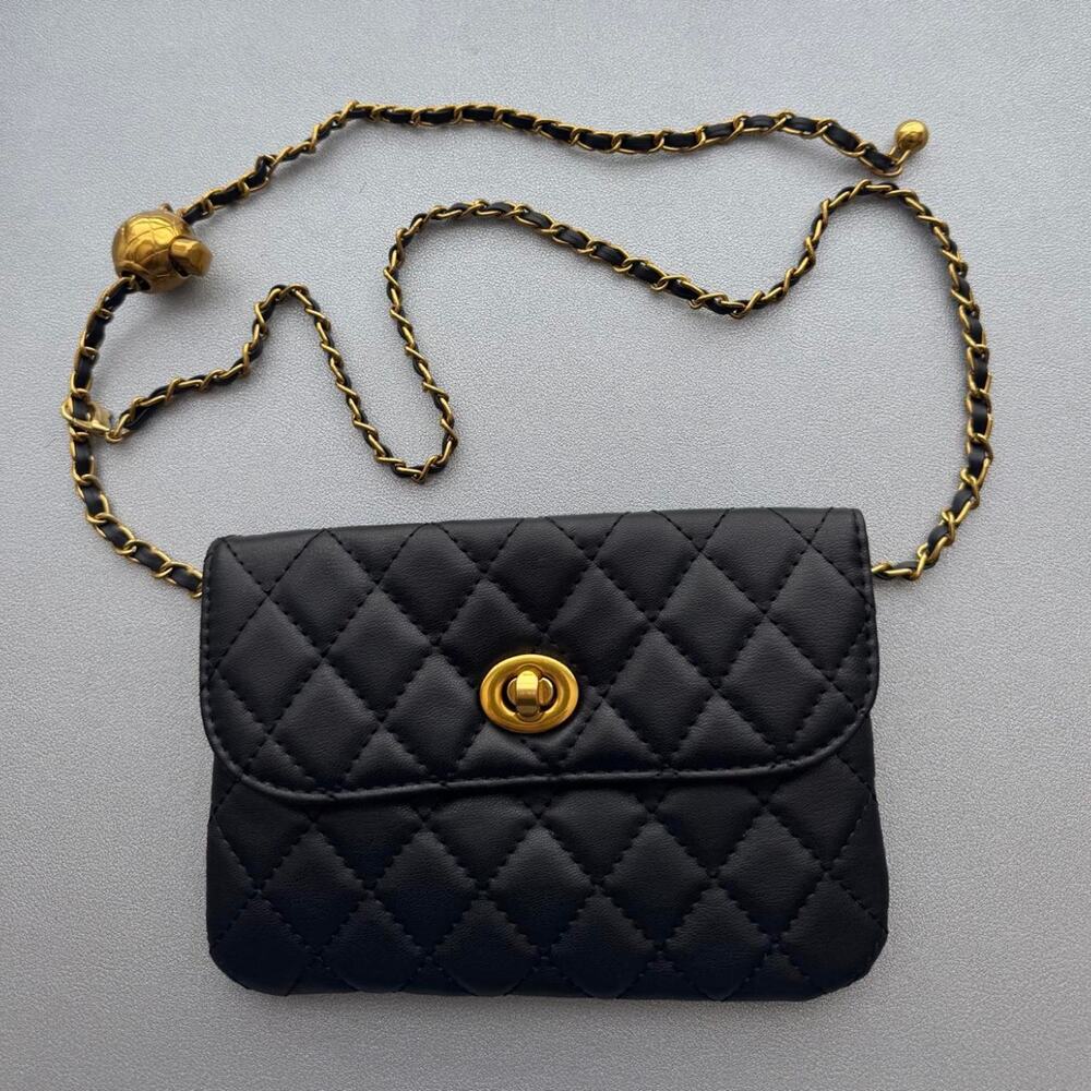 Black quilted faux leather belt bag